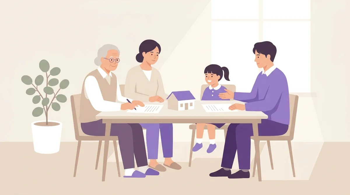 가족이 함께 상속 서류를 살펴보는 일러스트